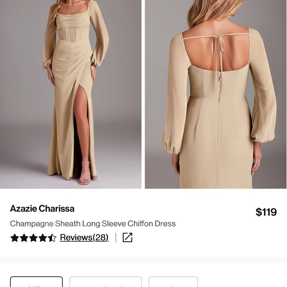 NWT Azazie Charissa Long Sleeve Dress in Champagne